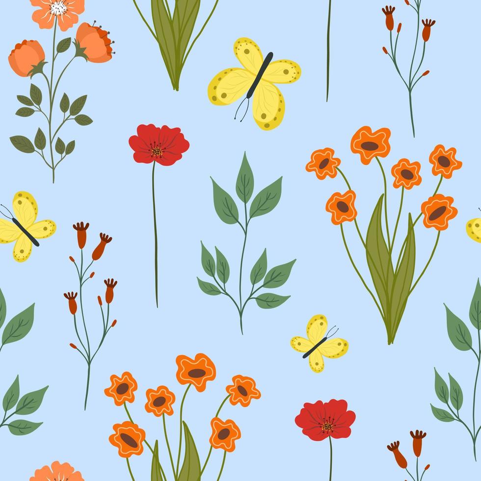 Seamless flower pattern. Bright floral background with blossoms and blooms print. Colored flat vector illustration for textile. Repeating texture design.