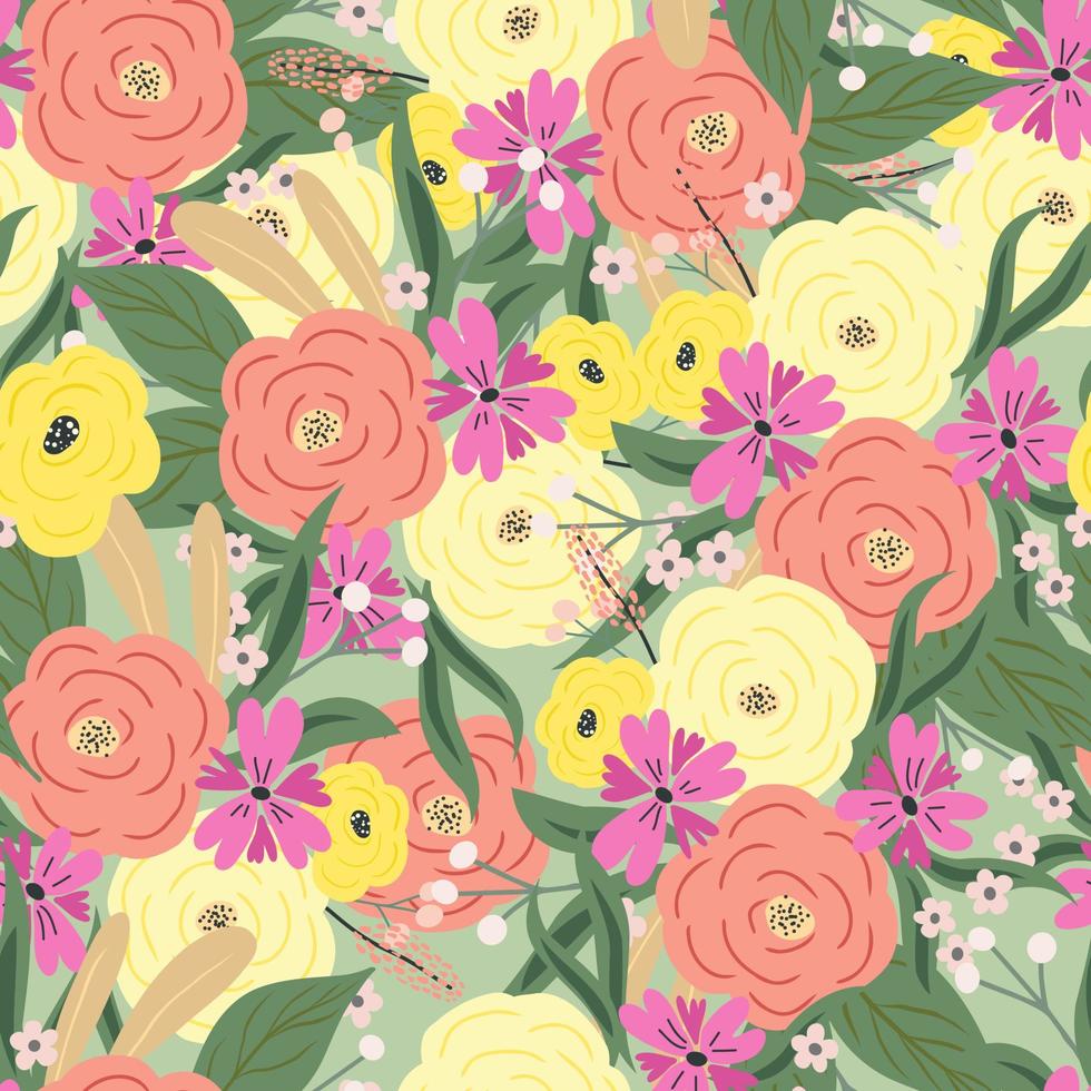 Seamless flower pattern. Bright floral background with blossoms and blooms print. Colored flat vector illustration for textile. Repeating texture design.