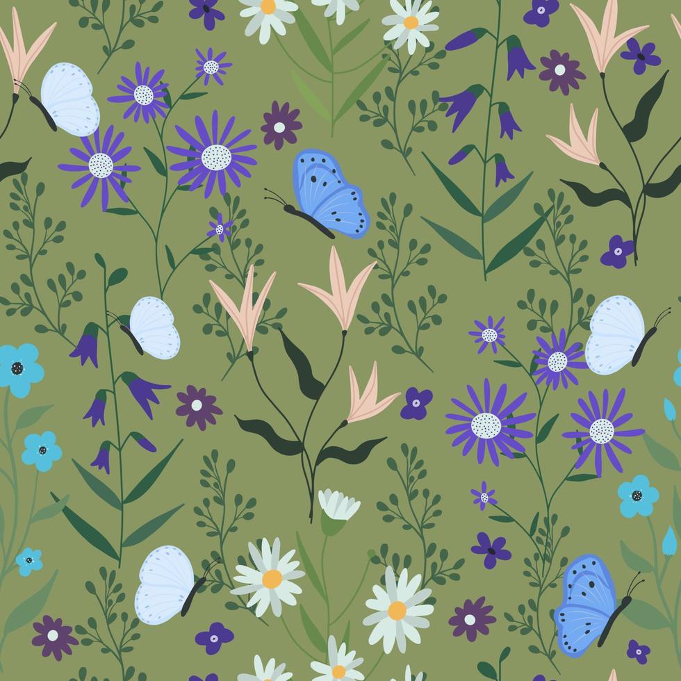 Seamless flower pattern. Bright floral background with blossoms and blooms print. Colored flat vector illustration for textile. Repeating texture design.