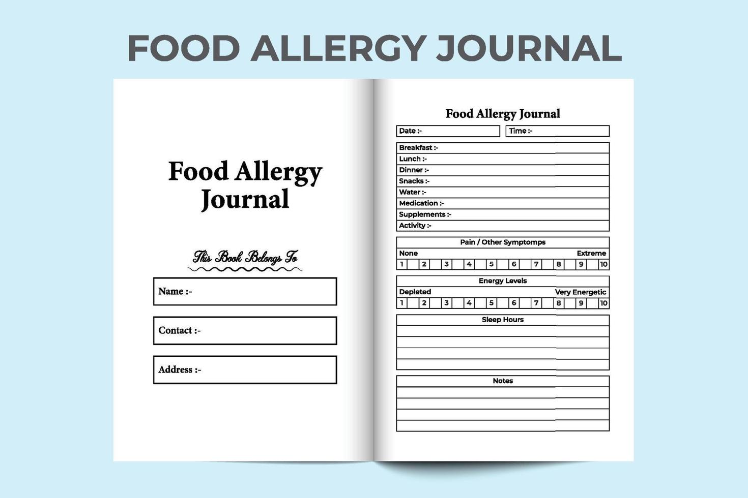 Food allergy journal interior. Food allergy symptoms and pain tracker template. Interior of a