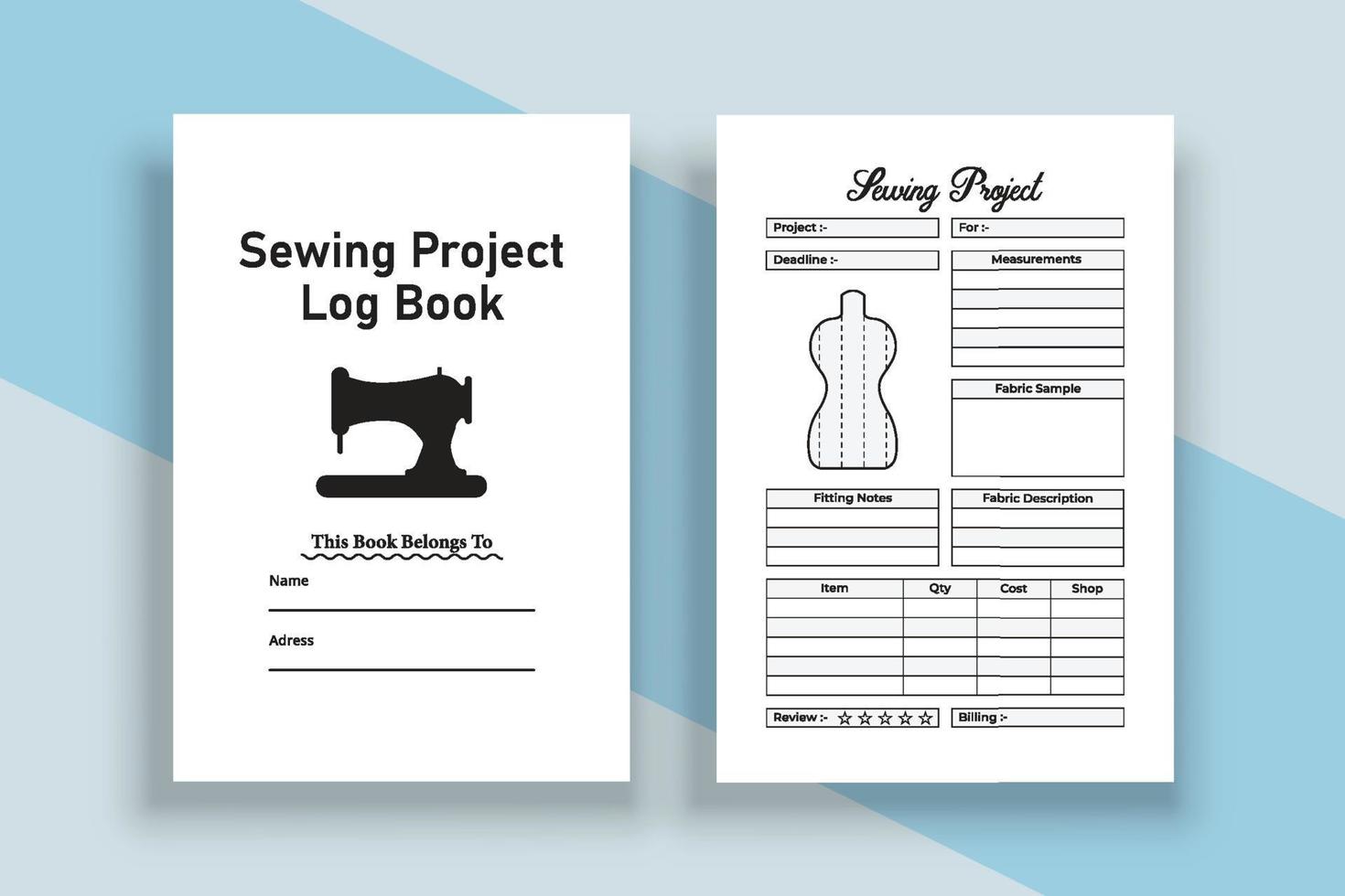 Sewing project logbook interior. Fabric measurement tracker and business finance journal template. Interior of a notebook. Sewing project planner and designer log book interior. vector