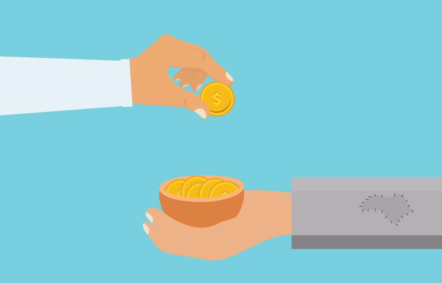 Man giving charity to a beggar. Man donating money concept. Beggar hand with a bowl of golden coins vector. Giving donations to a poor person. Charity giving concept with gold coins. vector
