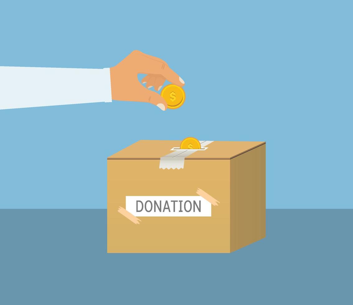 Donation box with gold coin vector. Man giving charity to a donation box. Raising funds for poor people concept. Donation box with a man hand donating money. Charity funds rising with gold coins. vector