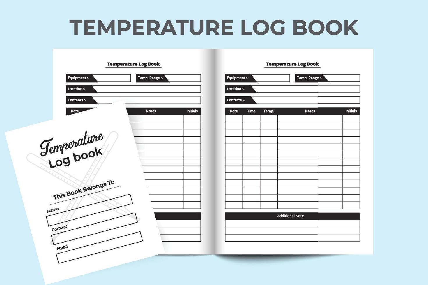 interior del cuaderno de temperatura con vector de termómetros. Interior de un diario. rastreador de calor corporal del paciente y planificador de medicamentos para la fiebre. verificador de información de temperatura accesorios médicos.