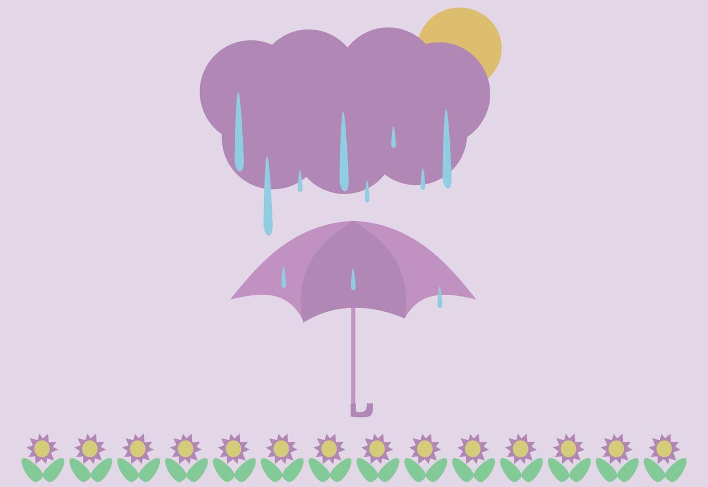 Rain Drops and Purple Umbrella with Purple Background Vector Illustration