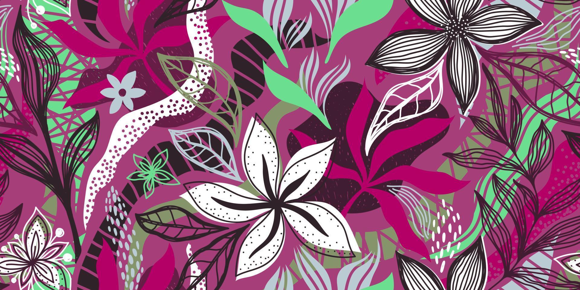 Banner rosa sin costura vectorial con flores blancas y hojas tropicales coloridas vector