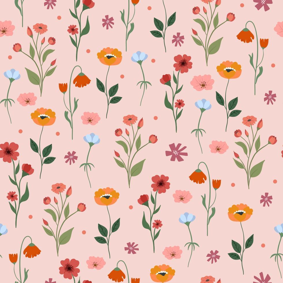 Seamless flower pattern. Bright floral background with blossoms and blooms print. Colored flat vector illustration for textile. Repeating texture design.