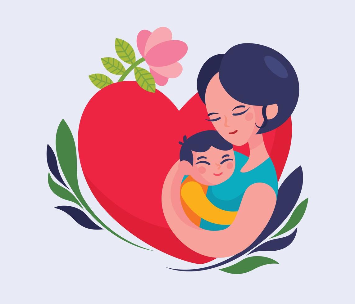 Happy Mother's Day. Vector illustration of mother hodling child in arms on heart shape and flower background. Empty copy space for greeting card