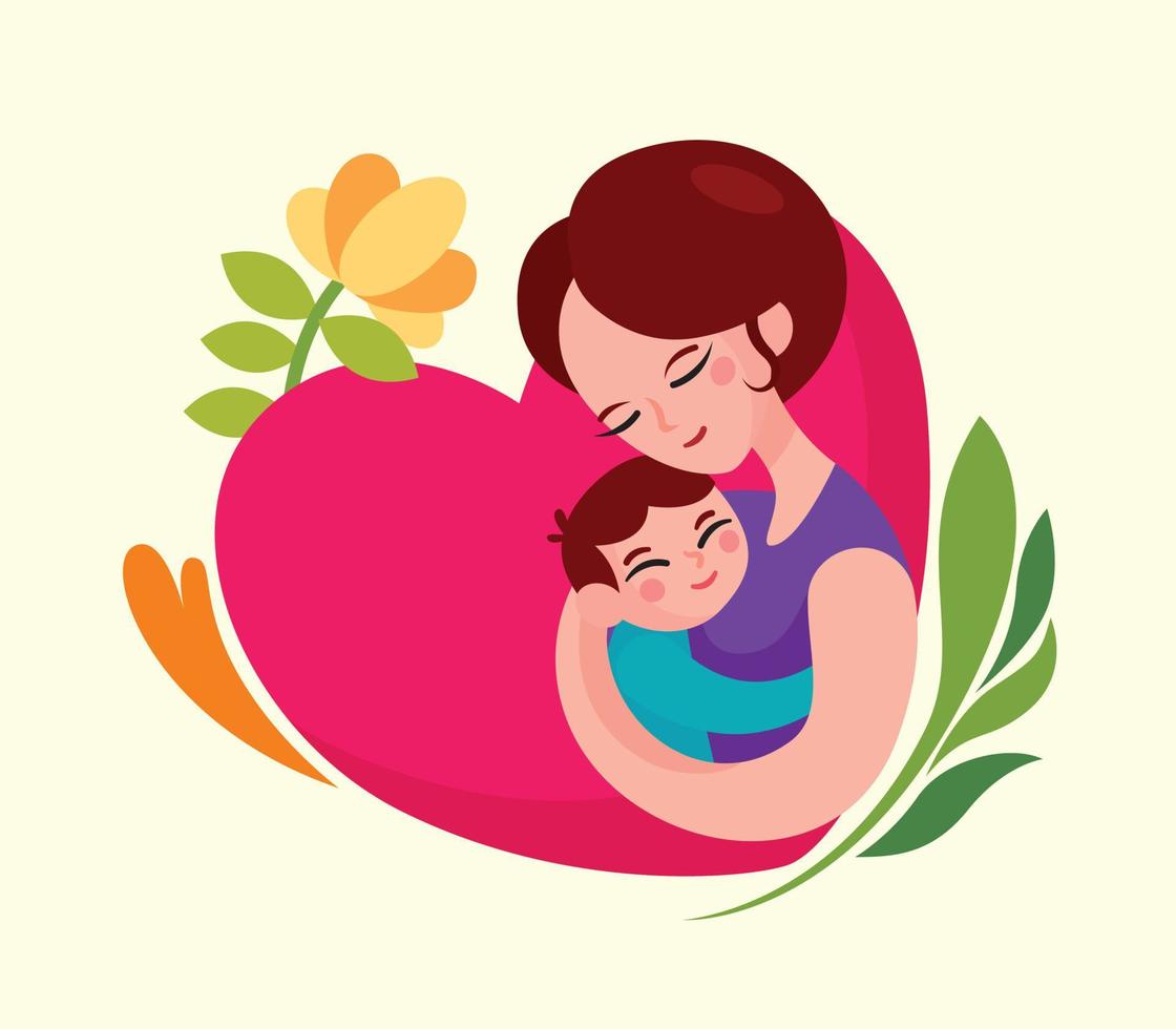 Happy mother's day cartoon mom holding kid with heart shape and flower background illustration vector