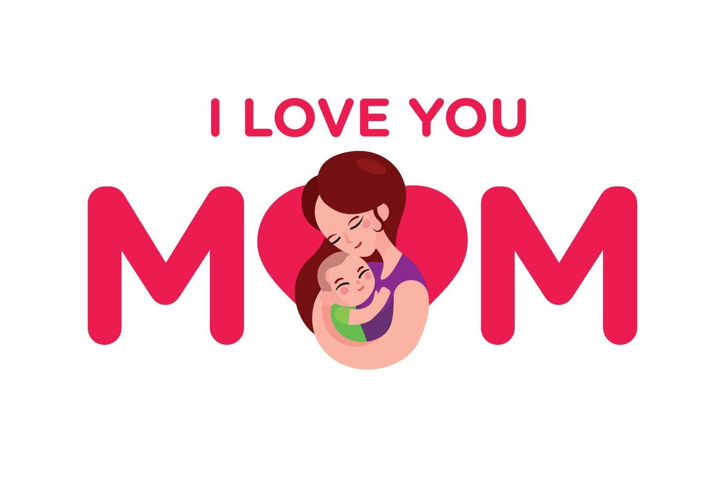 I love mother text with flat symbol of mother hugging child in arms on love shape background vector