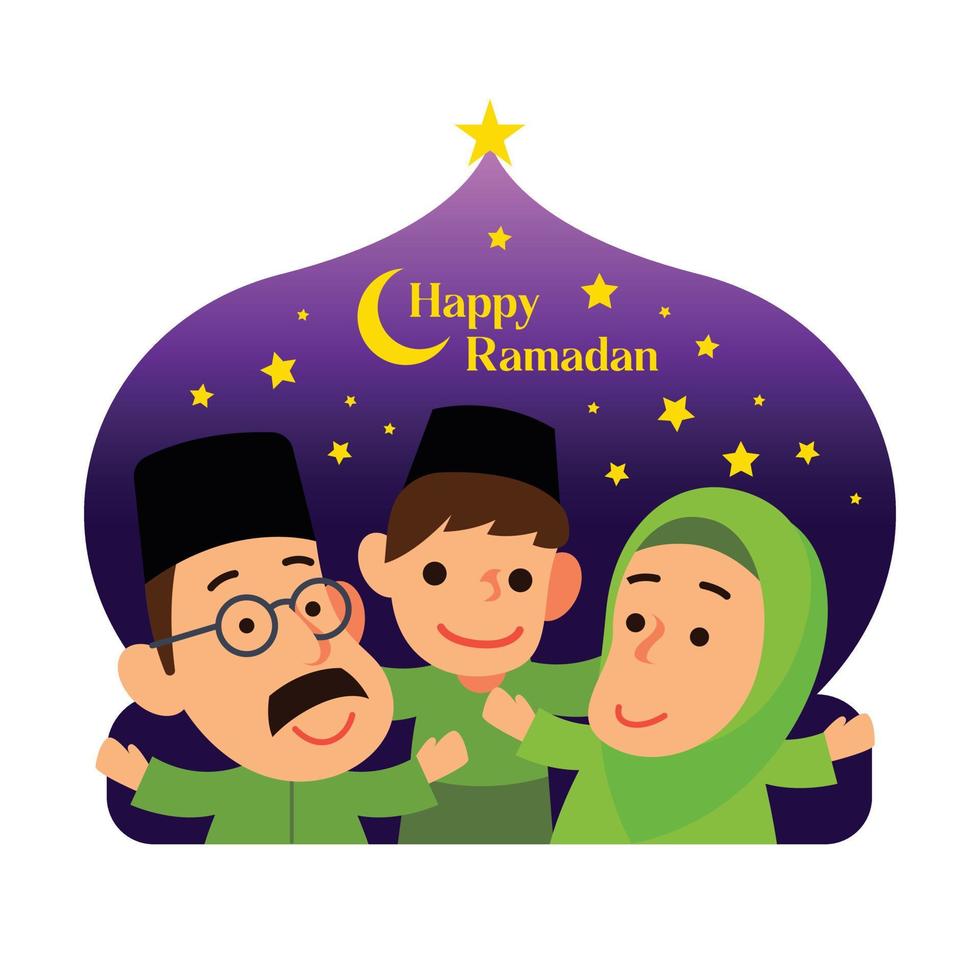 Cartoon muslim family celebrates Ramadan on mosque shaped with moonlight and stars background. Vector character illustration