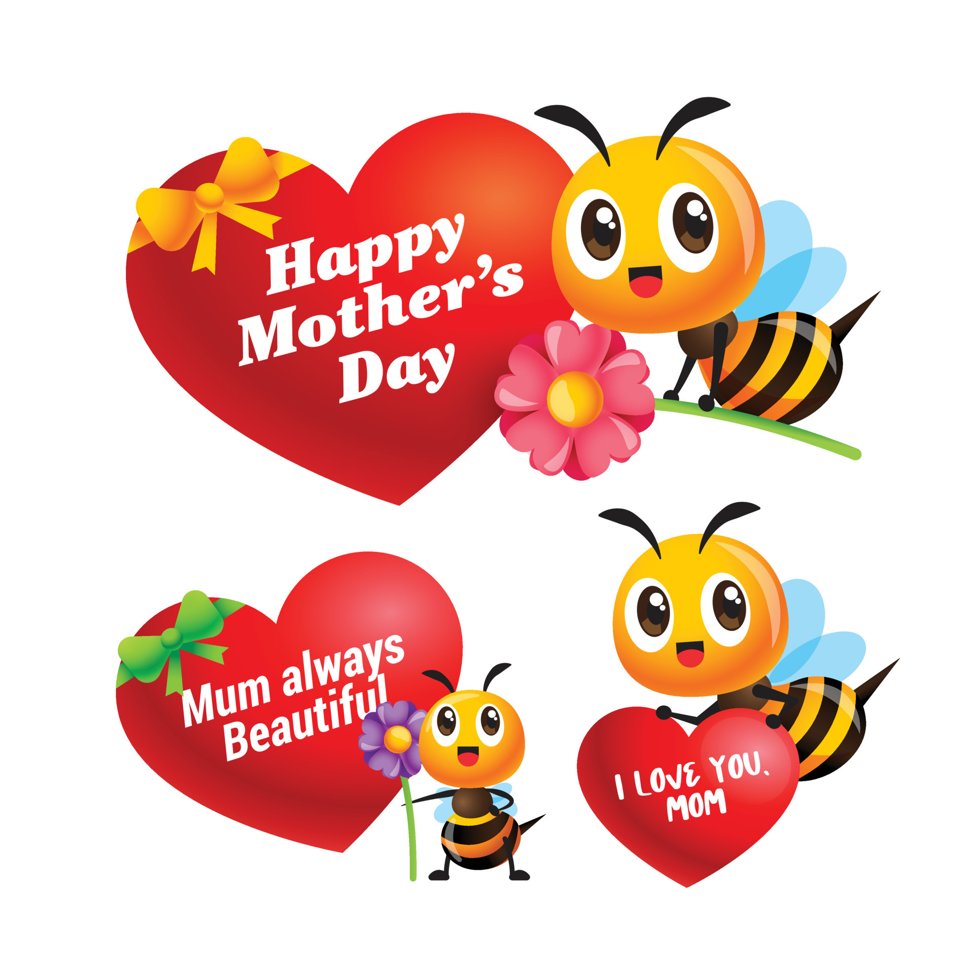 Happy Mother's Day. Collection of cartoon cute bee with big love shaped  signage. Various mother's day greetings on heart shape. Character mascot  set 6989208 Vector Art at Vecteezy