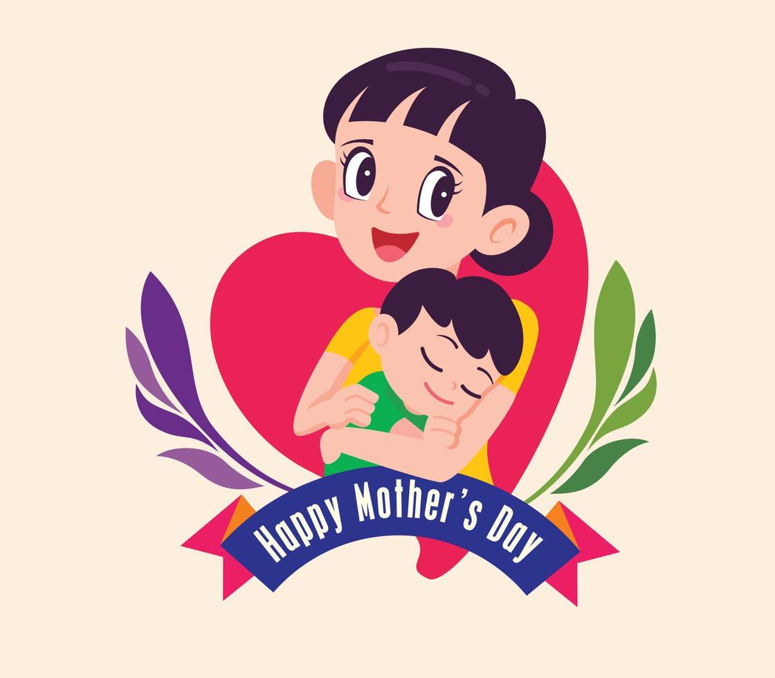 Flat design cartoon cute mother holding baby in arm with mother's day greeting ribbon vector