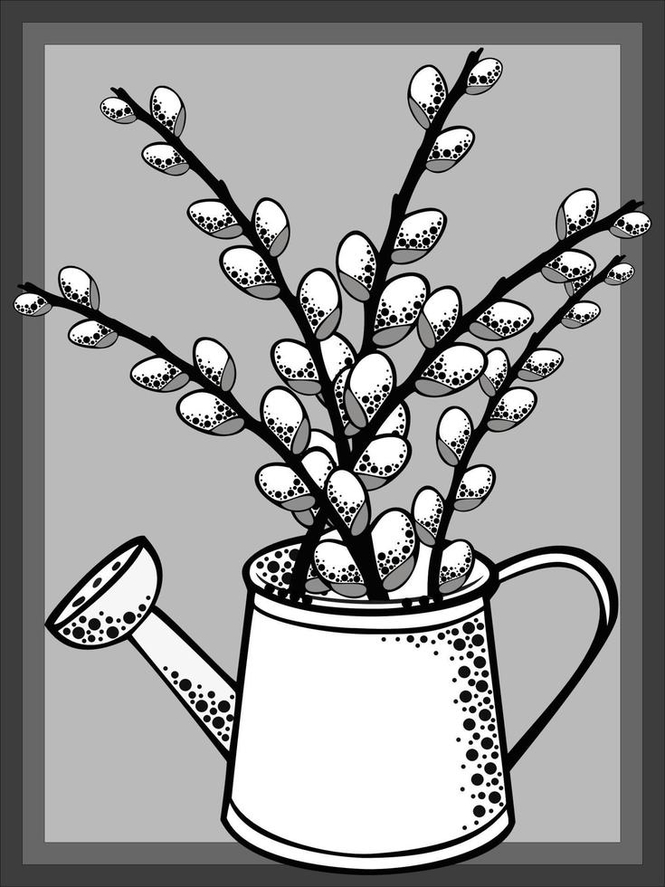 Willow twigs and watering can. Monochrome illustration vector