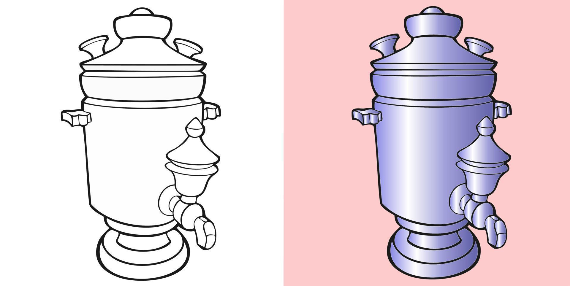 conjunto de ilustraciones, delicado samovar de metal lila, dibujo monocromático vector