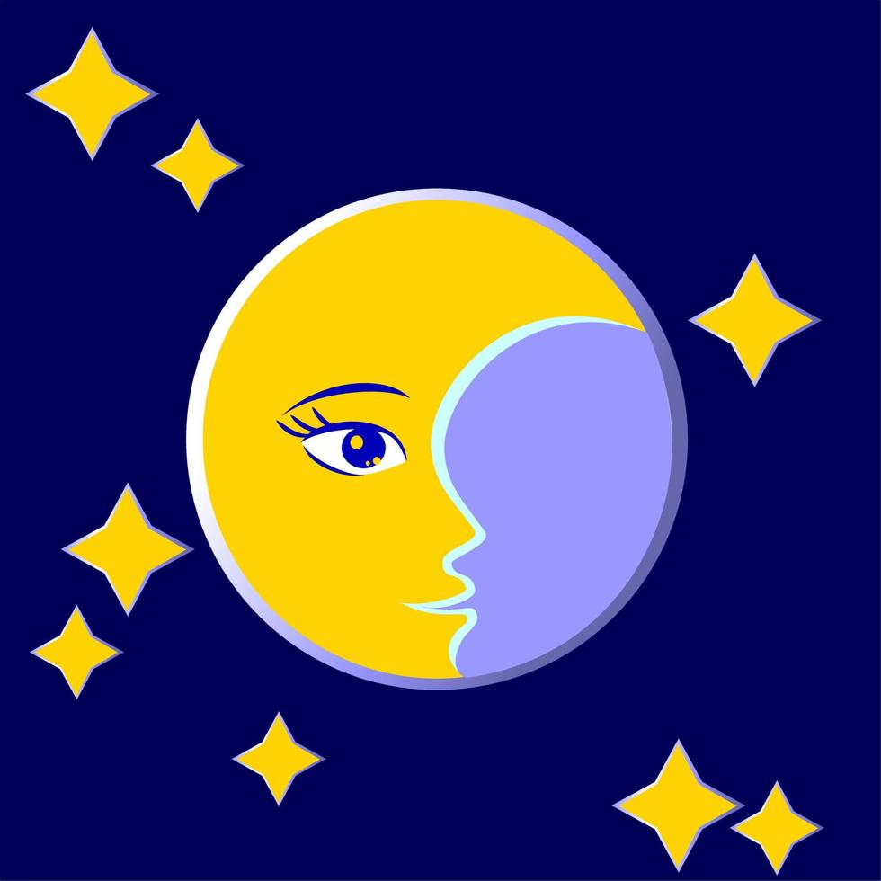 Yellow moon with a face in a dark blue sky vector