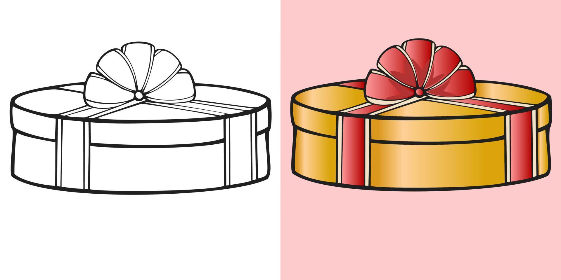 Set of illustrations, round orange gift box with red ribbon color and monochrome vector