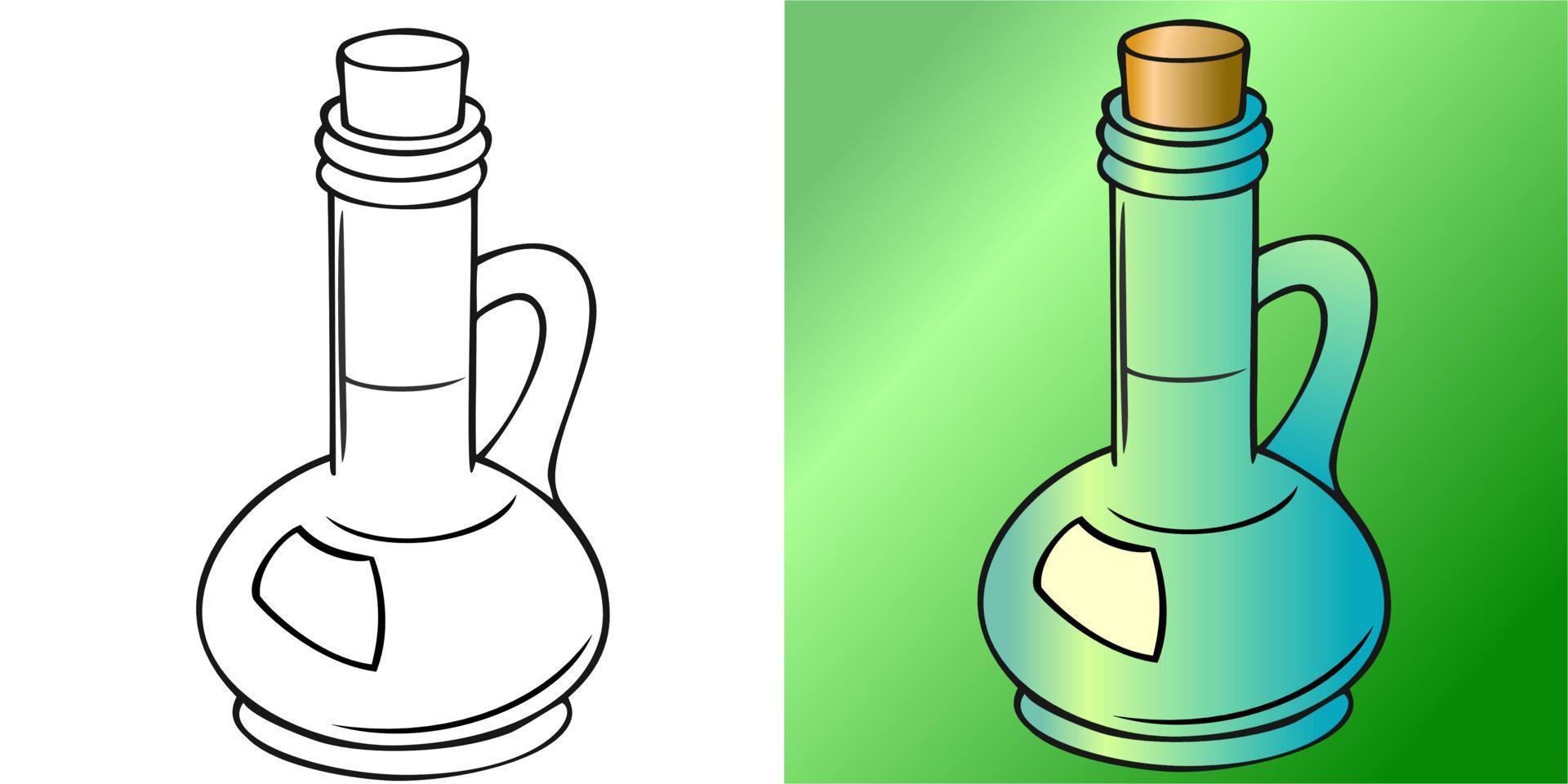 A set of illustrations, a color and monochrome image of a cartoon glass bottle with a stopper and a handle for oil vector