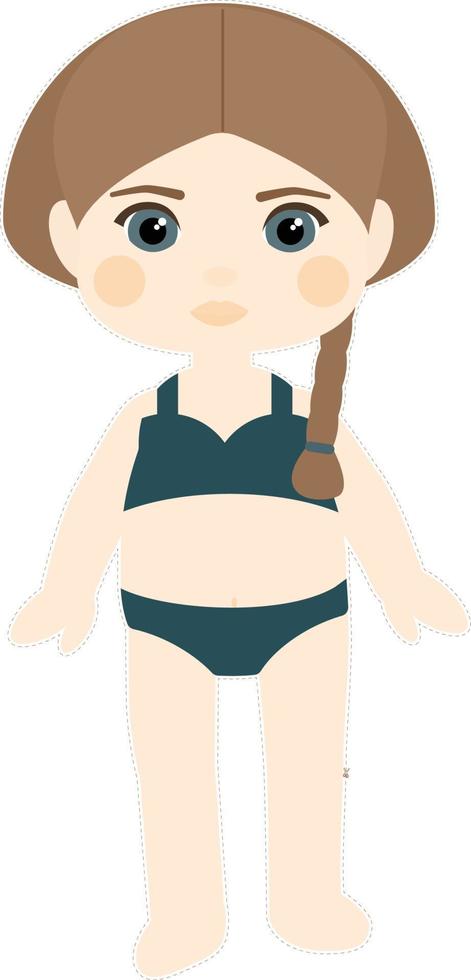 Paper doll blond girl with a pigtail in a green swimsuit vector