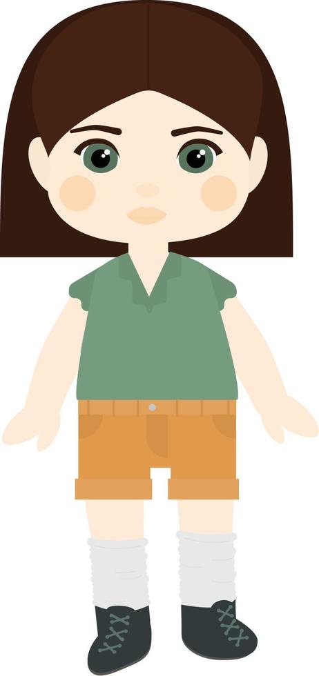 Vector character. Brunette girl with a square in a green blouse and shorts