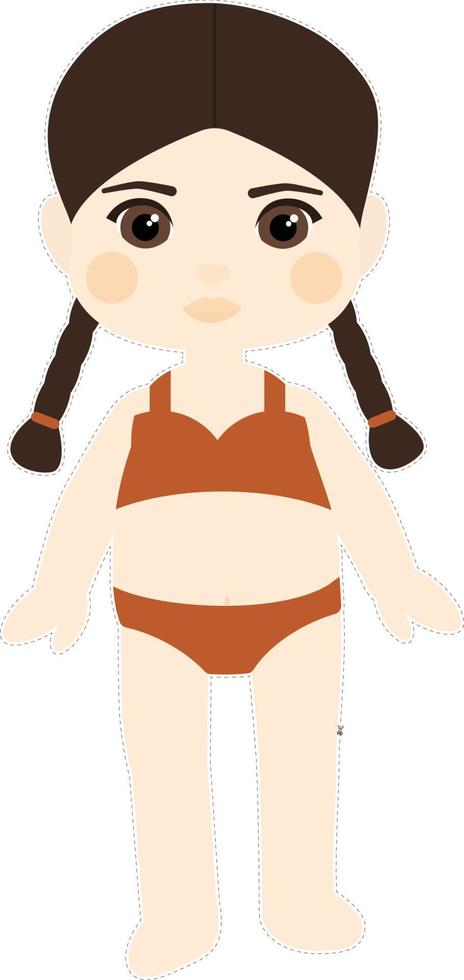 Paper doll girl brown-haired with pigtails in a bathing suit vector