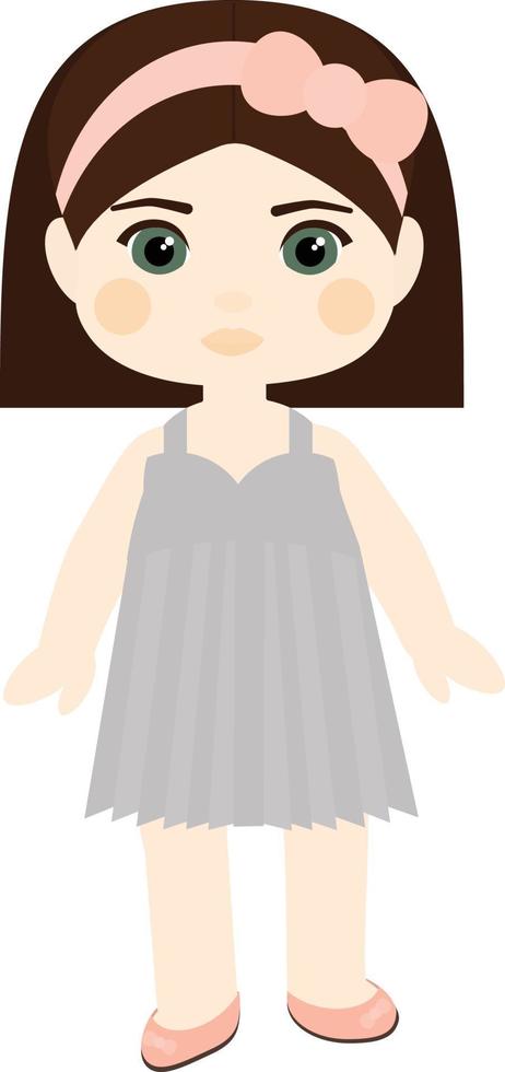 Vector character. Brunette girl with a square in a smart gray dress