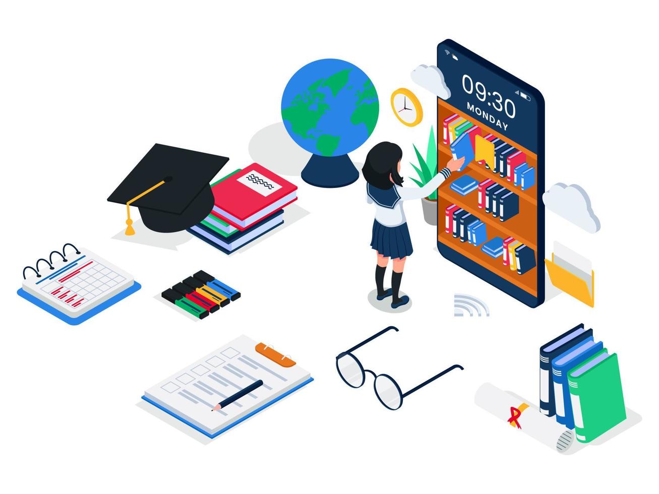 female student picks up a book from online library on smartphone device, e-learning illustration concept. Female with cell phone, books, globe, graduation hat vector