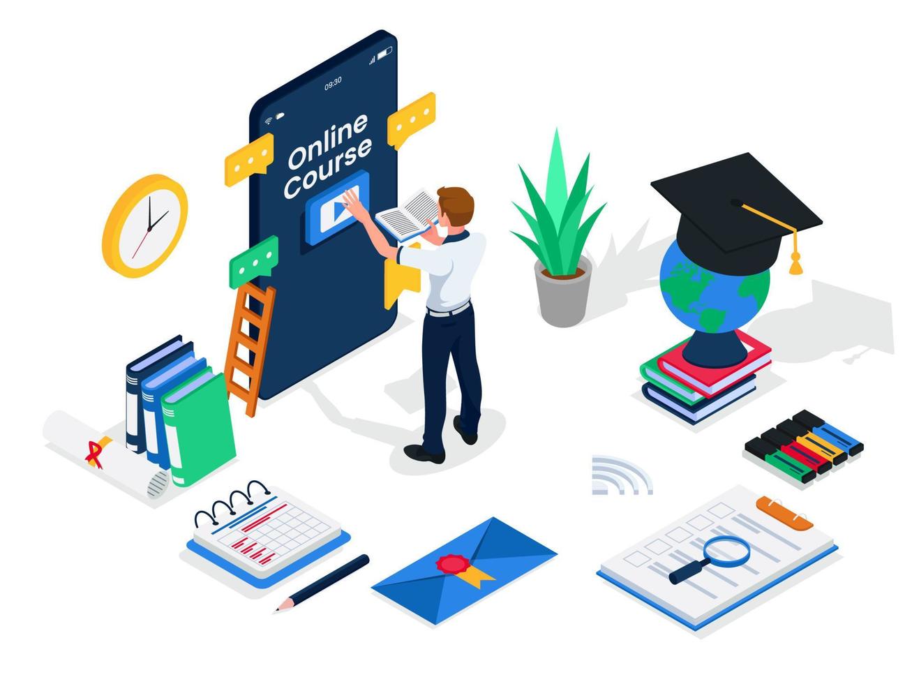 Male student access online course video at smartphone device, isometric online education illustration concept. Male with big cell phone screen, graduation cap, globe, book. Vector