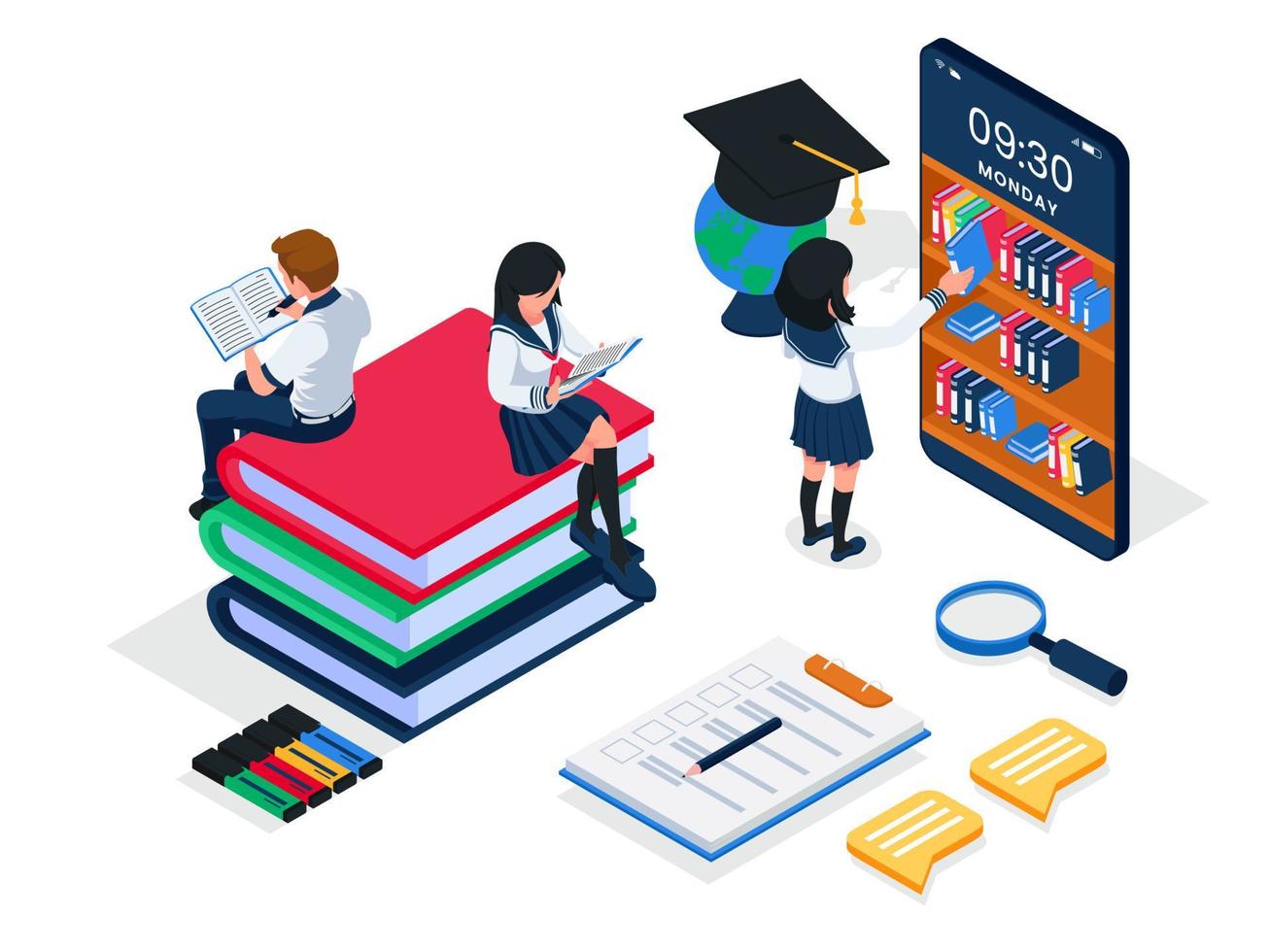 A group of students are actively studying online, isometric online library illustration concept. Group of people reading book and sit on big books composition. Vector