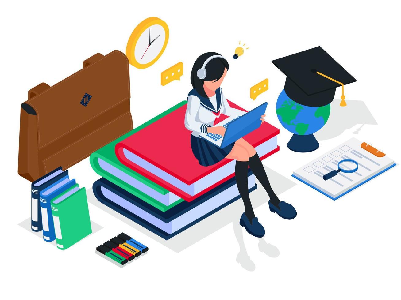Female student listening audiobook from laptop and sit on stack of books, isometric e-learning illustration concept. Female with laptop, headphone, books, globe, bag, graduation cap, Vector