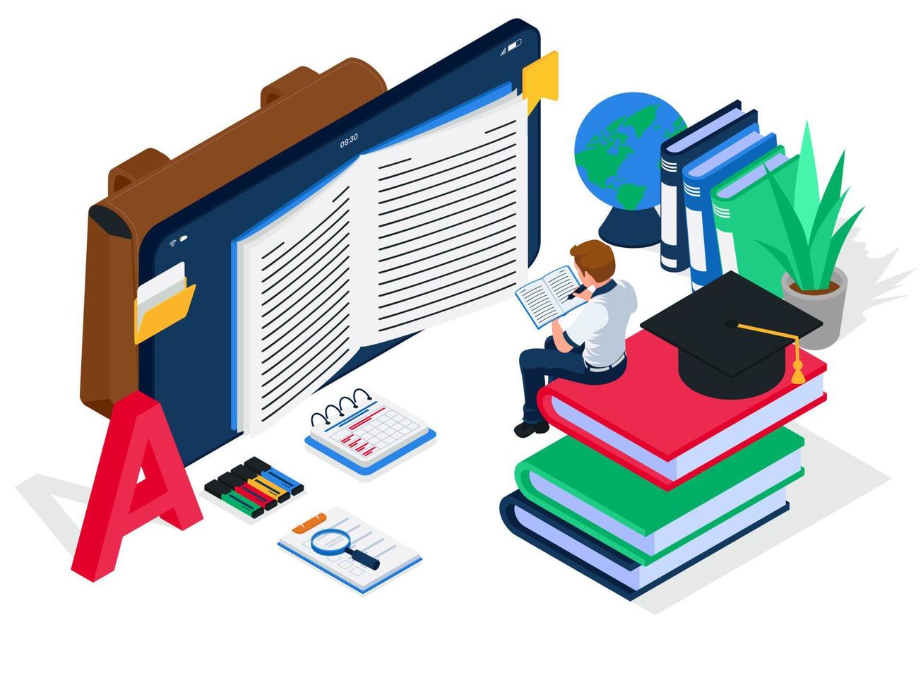 Male student accessing online books on smartphone screen, isometric e-learning illustration concept. Male with cell phone device, books, globe, magnifying glass, plant. Vector