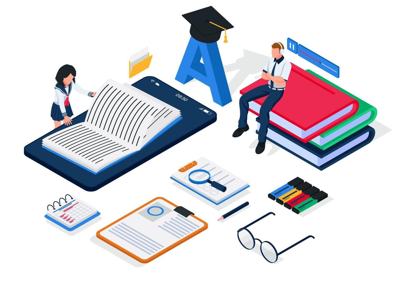 Group of students do online education learning, female reading ebook at smartphone, male listening audiobook, e-learning illustration concept. Group of people using modern learning tools. Vector