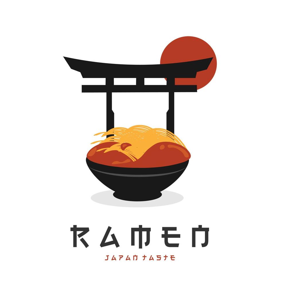 Hot and spicy ramen illustration logo under japanese gate vector