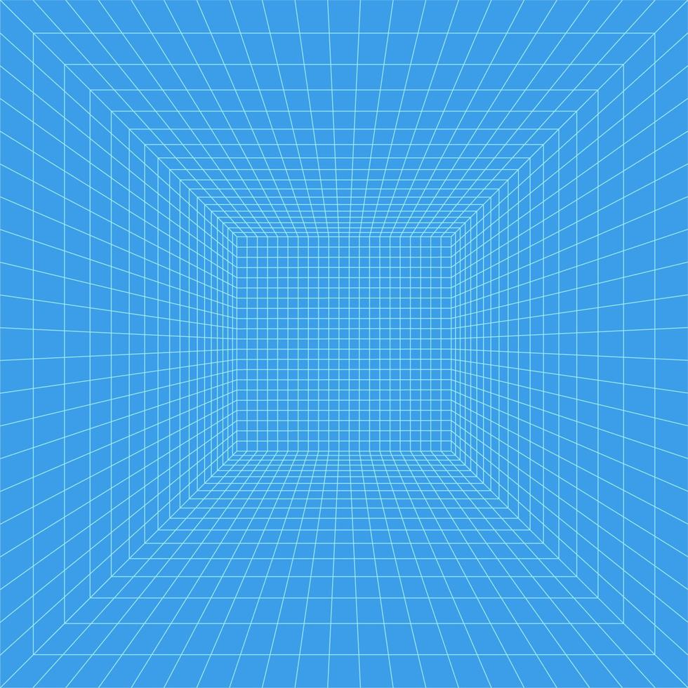 Grid room in perspective, vector illustration in 3d style. Indoor wireframe from blue lines, template interior square, digital empty box. Minimal background design