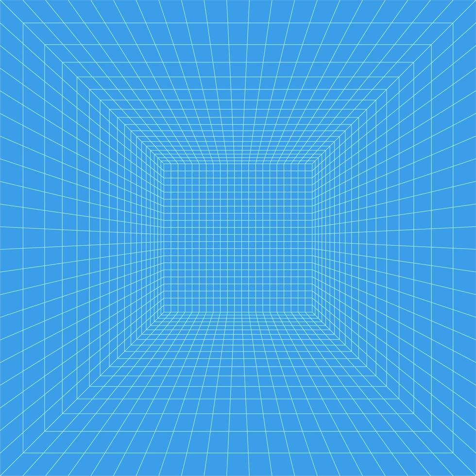 Grid room in perspective, vector illustration in 3d style. Indoor wireframe from blue lines, template interior square, digital empty box. Minimal background design