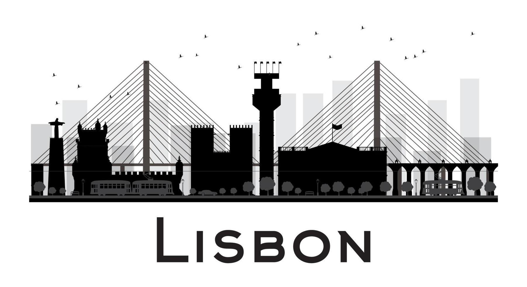 Lisbon City skyline black and white silhouette. vector