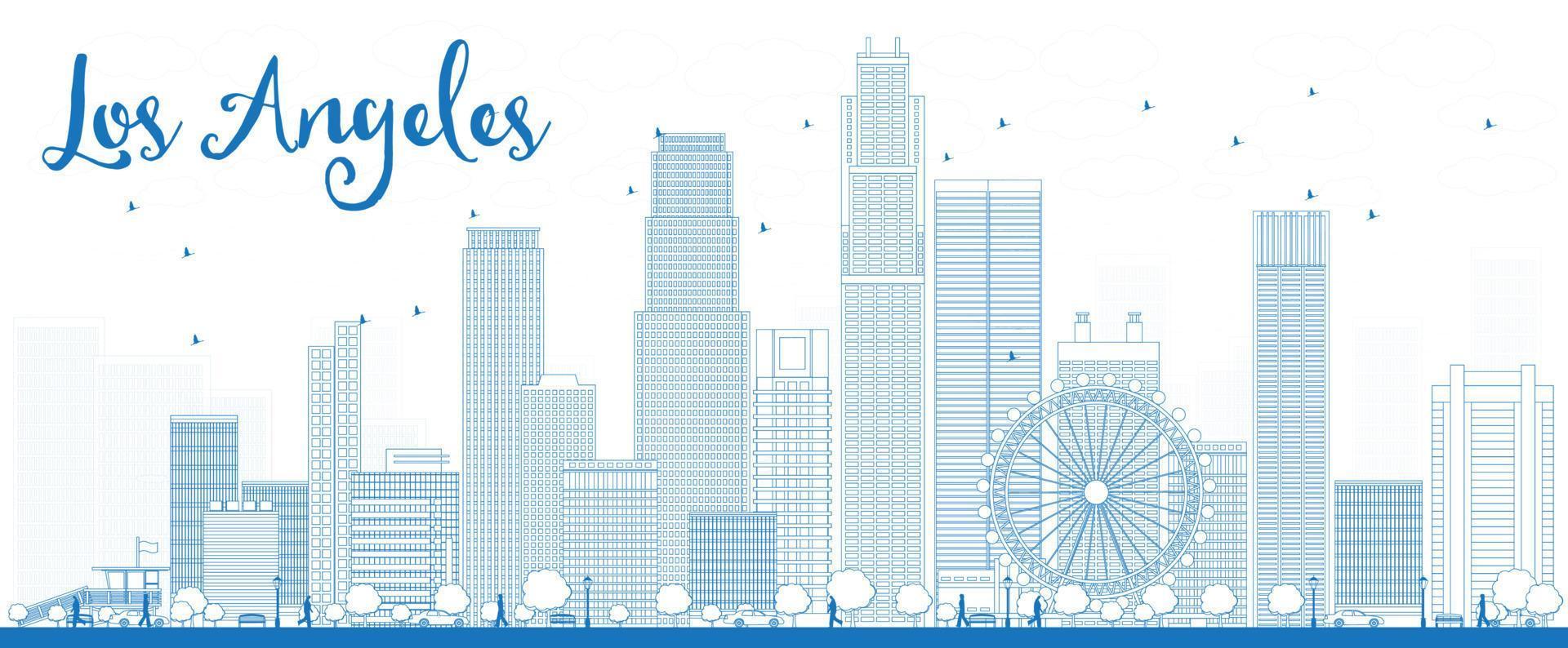 Outline Los Angeles Skyline with Blue Buildings. vector