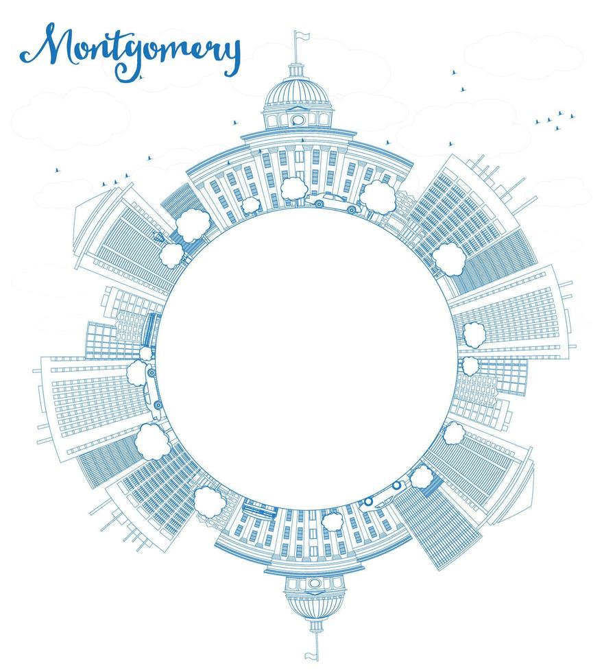 Outline Montgomery Skyline with Blue Building and copy space. vector