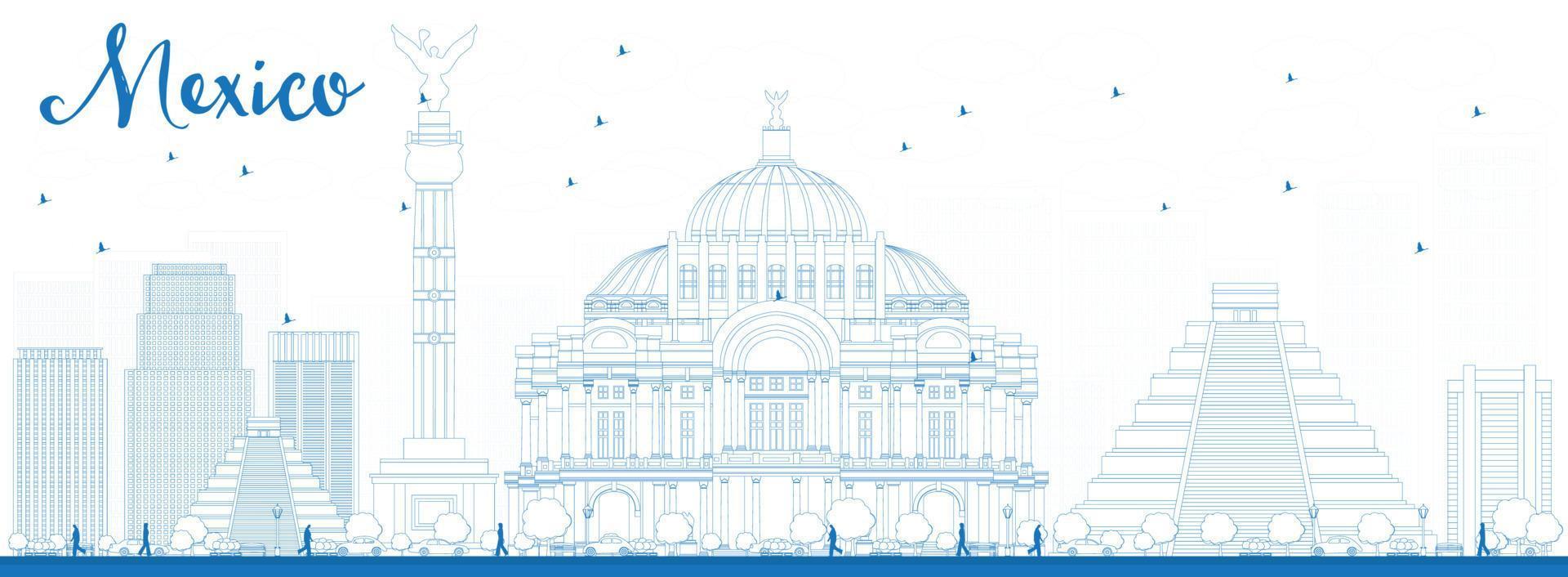 Outline Mexico skyline with blue landmarks. vector