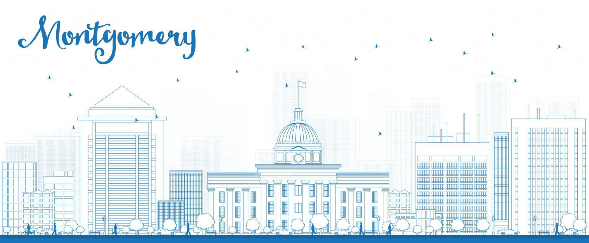 Outline Montgomery Skyline with Blue Buildings. vector