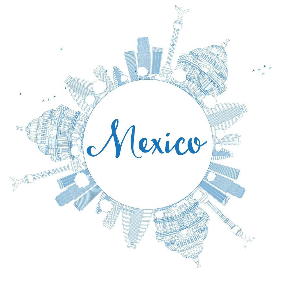 Outline Mexico skyline with blue landmarks and copy space. vector