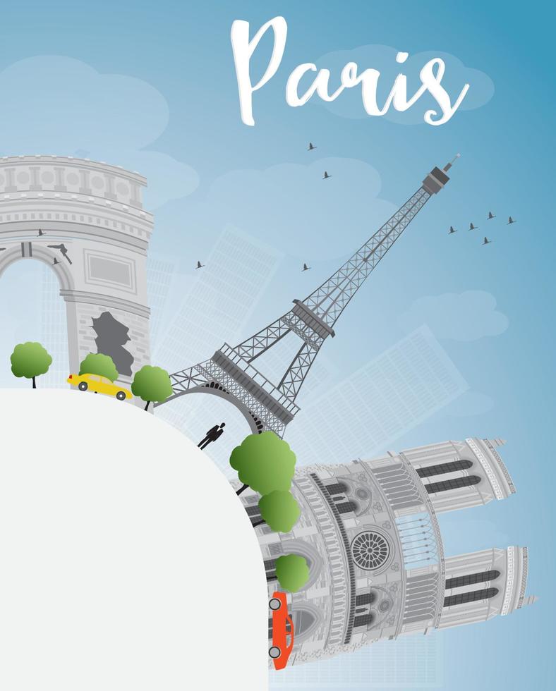 Paris skyline with grey landmarks, blue sky and copy space. vector