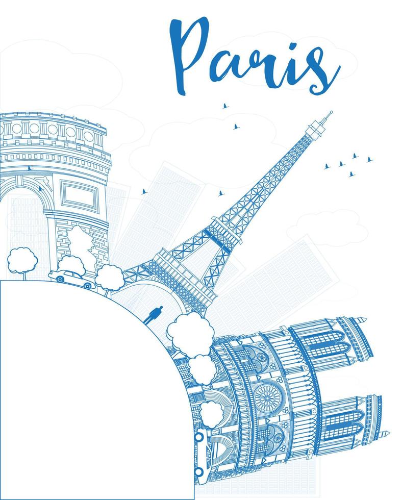 Outline Paris skyline with blue landmarks and copy space. vector