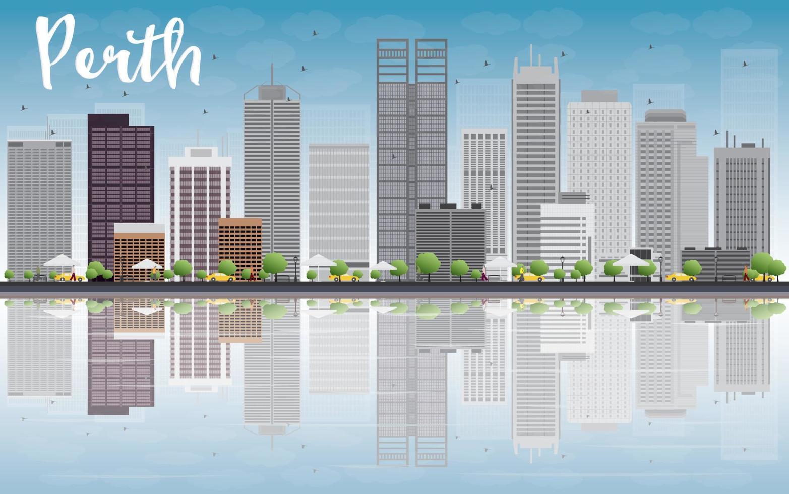 horizonte de perth con edificios grises, cielo azul y reflejo. vector