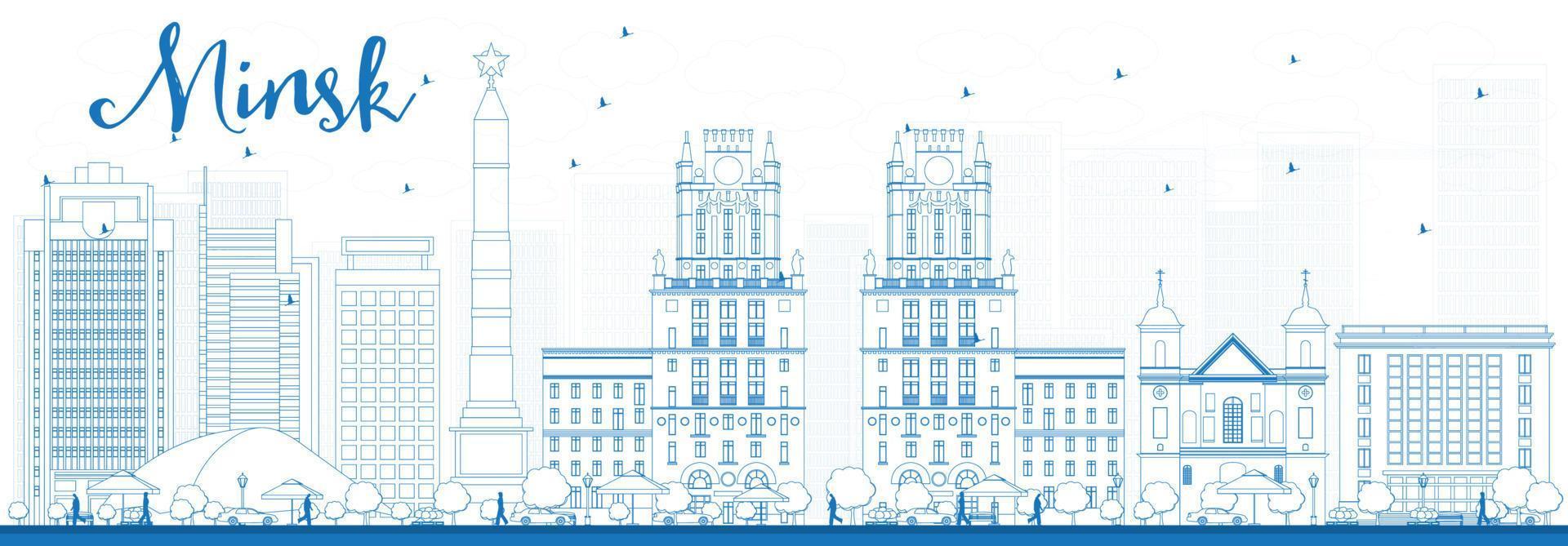 Outline Minsk skyline with blue buildings. vector