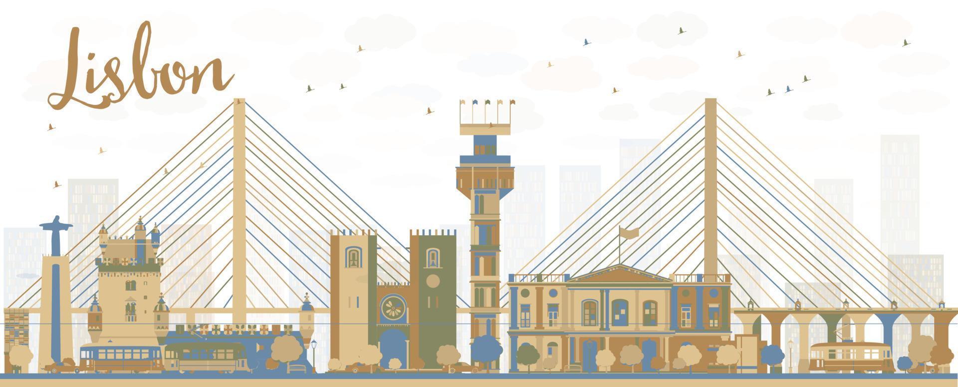 Abstract Lisbon city skyline with brown and blue buildings. vector