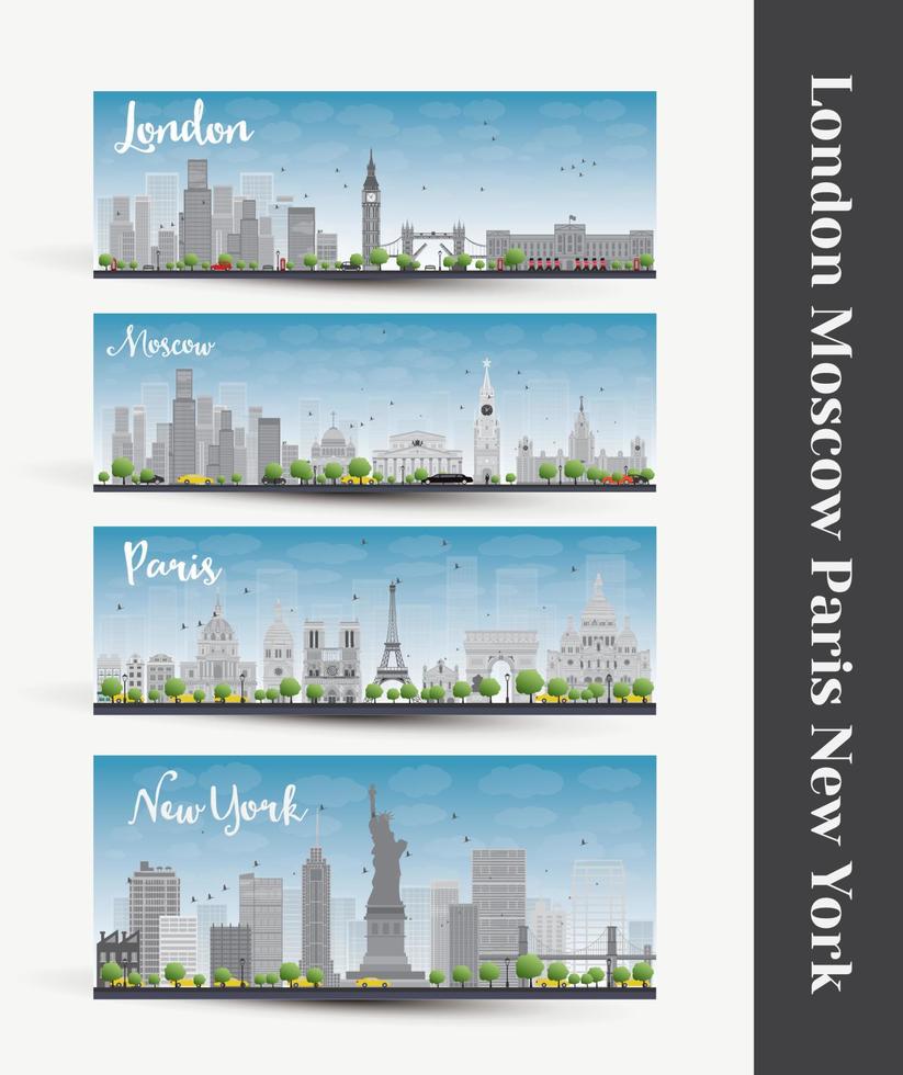 Londres, Moscú, París, Nueva York. conjunto de cuatro pancartas del horizonte de la ciudad. vector