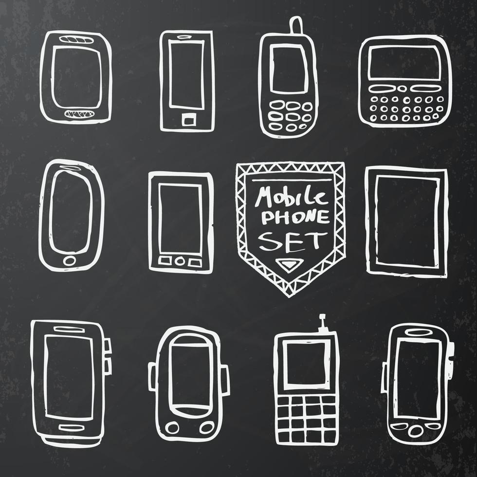 Hand drawn set of mobile gadgets on black chalk board. vector