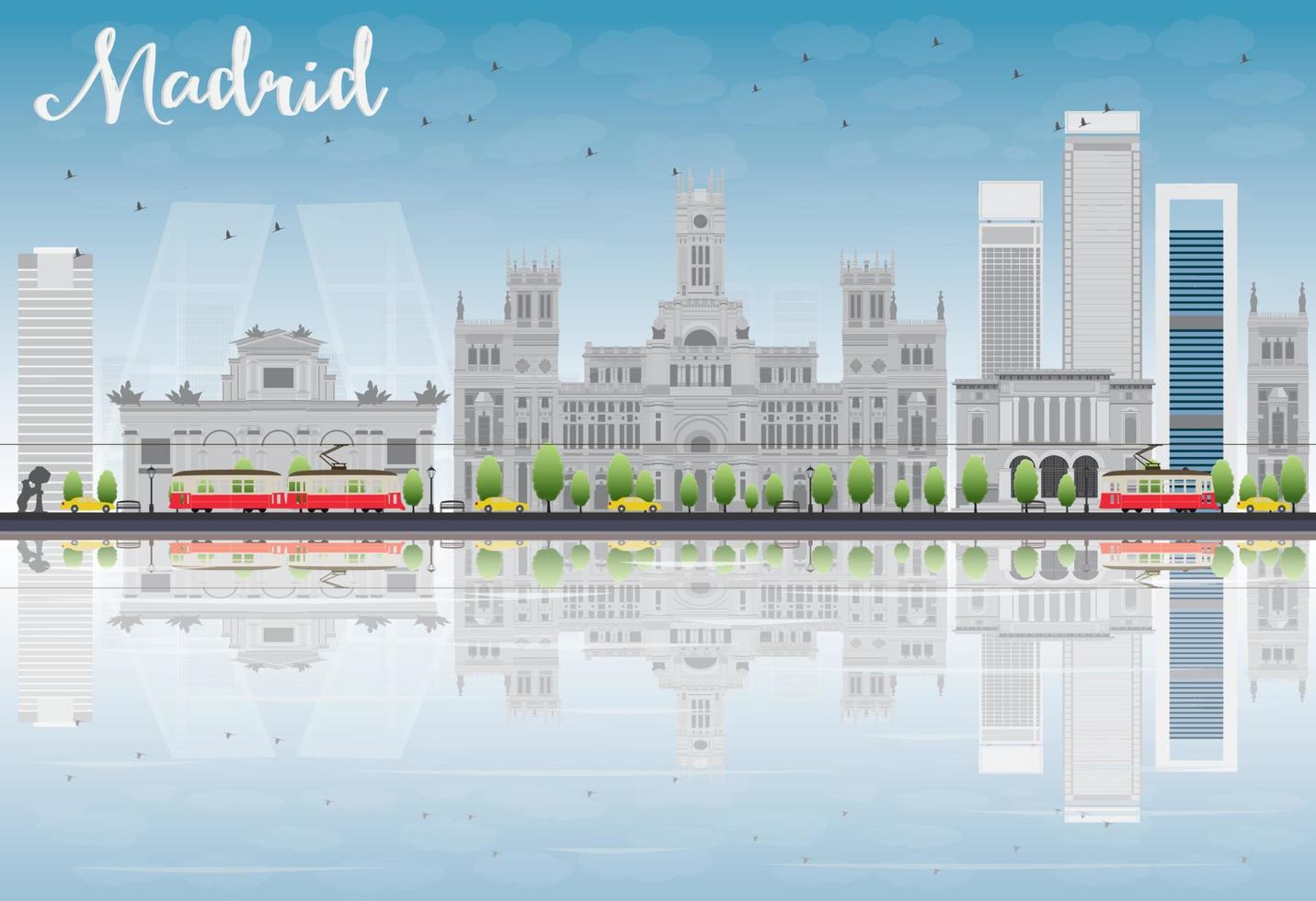 Madrid Skyline with grey buildings, blue sky and reflections. vector