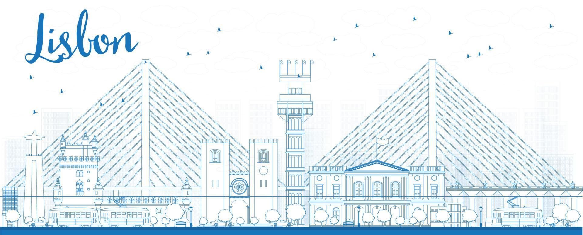 Outline Lisbon city skyline with blue buildings. vector